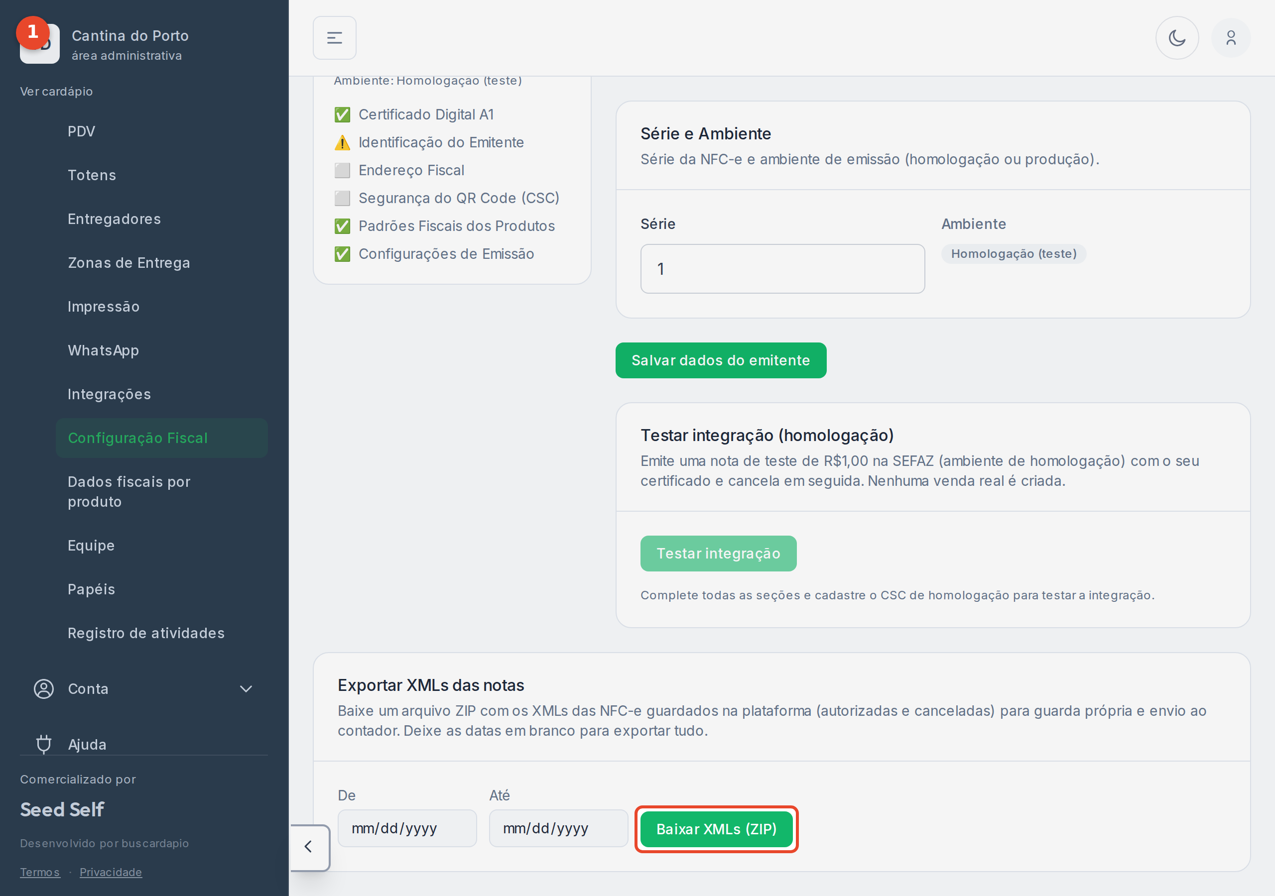 O cartão "Exportar XMLs das notas" no fim da Configuração Fiscal, com os campos De e Até e o botão Baixar XMLs (ZIP)