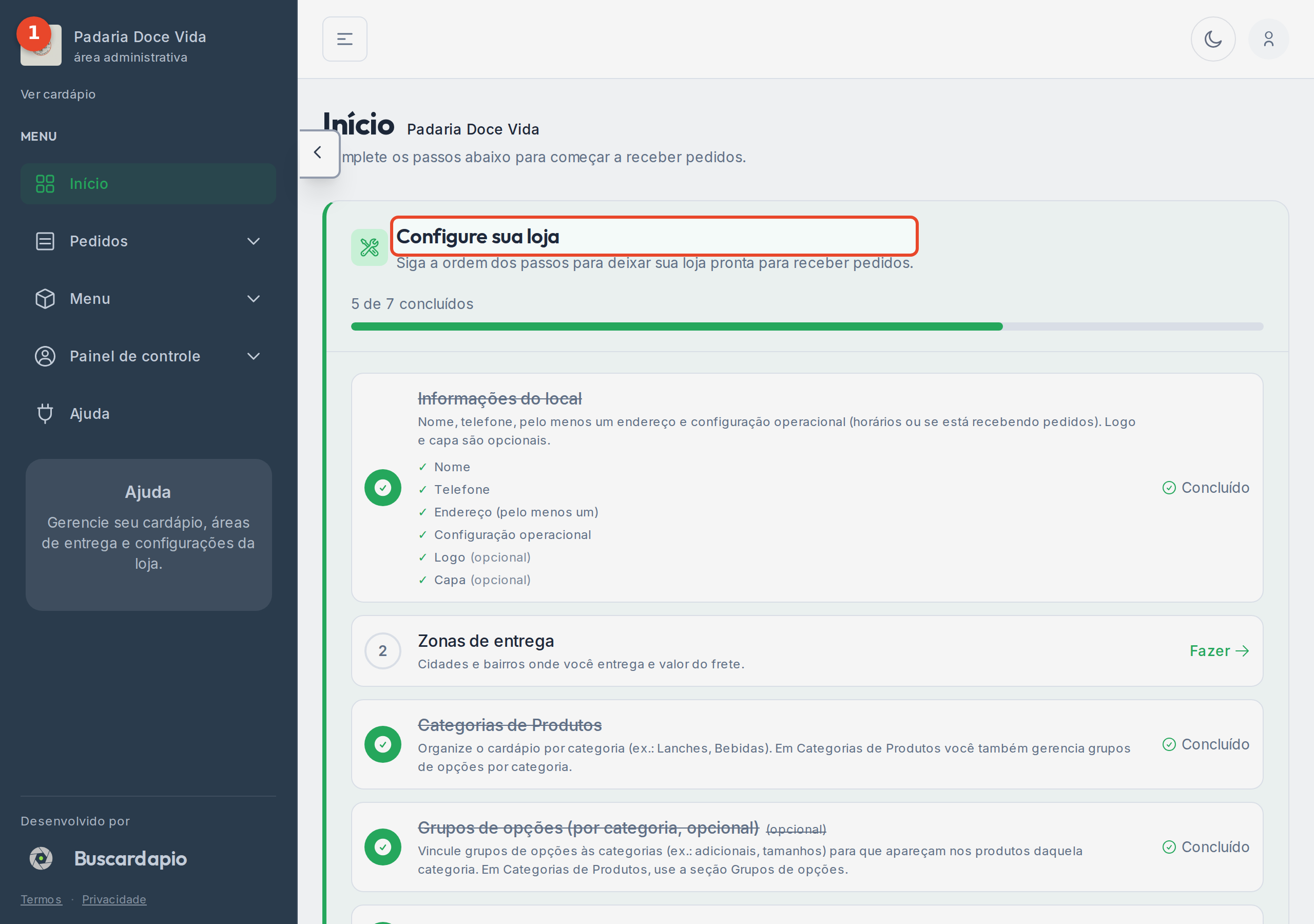 Tela Início, com a lista "Configure sua loja" e o menu lateral à esquerda