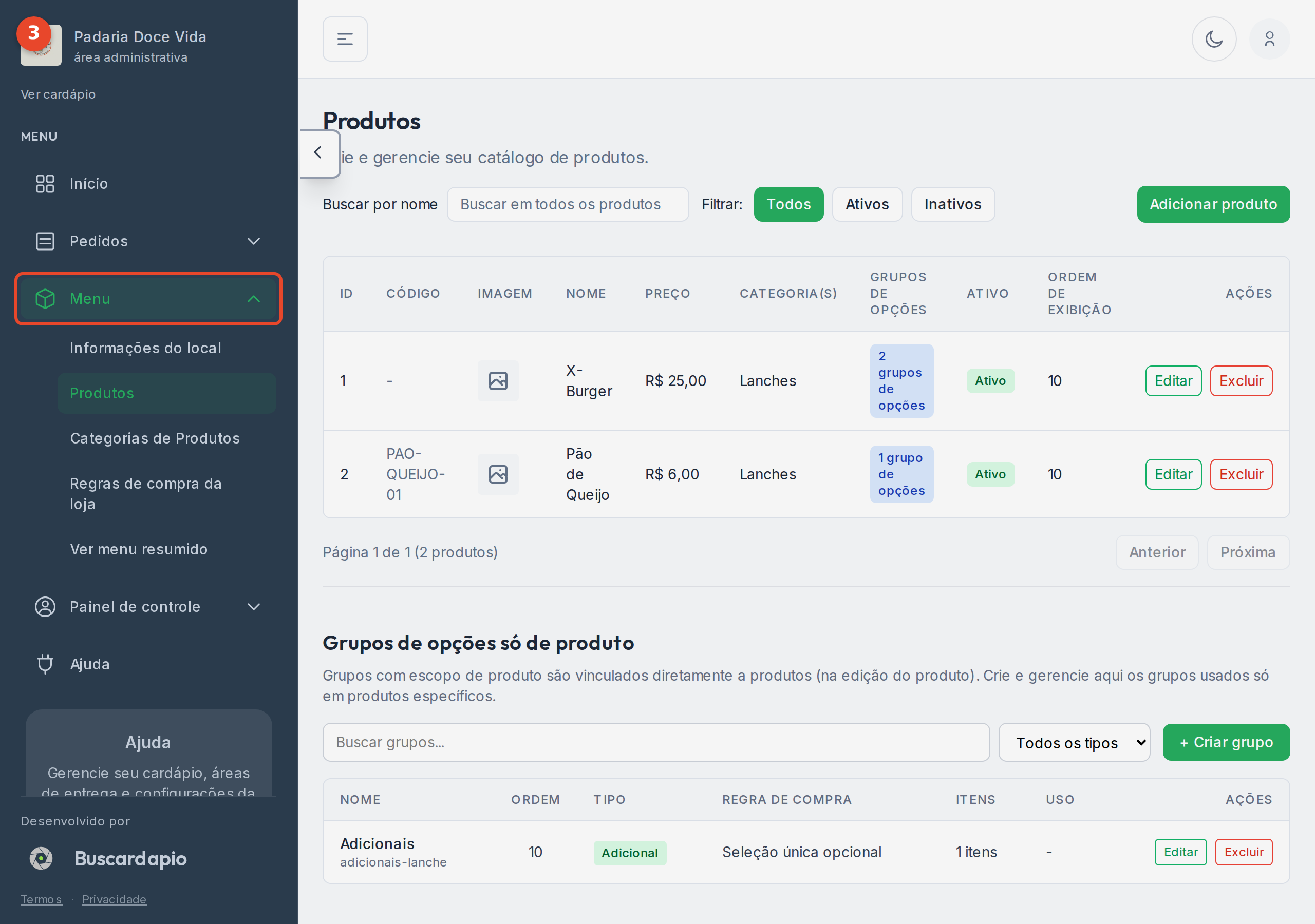 A área Menu aberta em Produtos, com o grupo Menu no menu lateral: Informações do local, Produtos, Categorias de Produtos, Regras de compra e Ver menu resumido