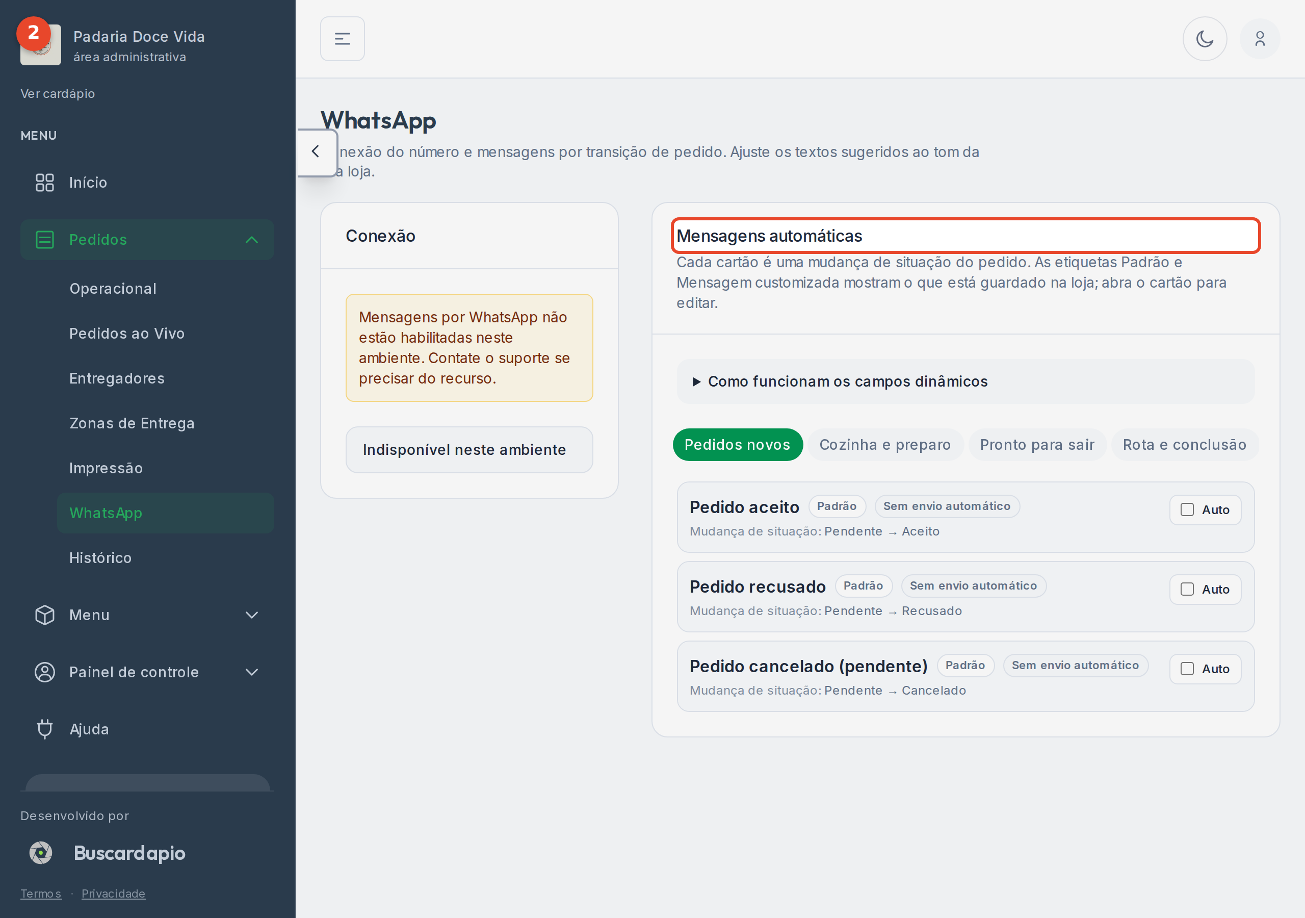Seção "Mensagens automáticas", com as abas por etapa do pedido: Pedidos novos, Cozinha e preparo, Pronto para sair e Rota e conclusão