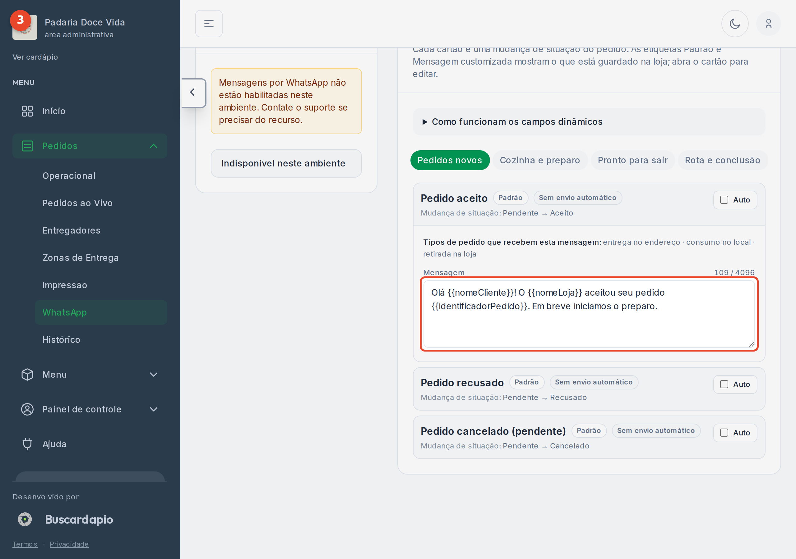 Aviso "Pedido aceito" aberto: as abas por etapa no topo, a caixa Mensagem com o texto (em destaque) e a caixinha Auto no canto