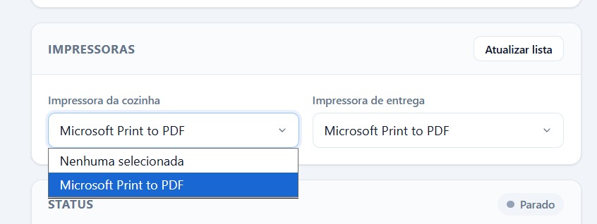 Seção "Impressoras" do programa, com a lista da impressora da cozinha aberta para escolher