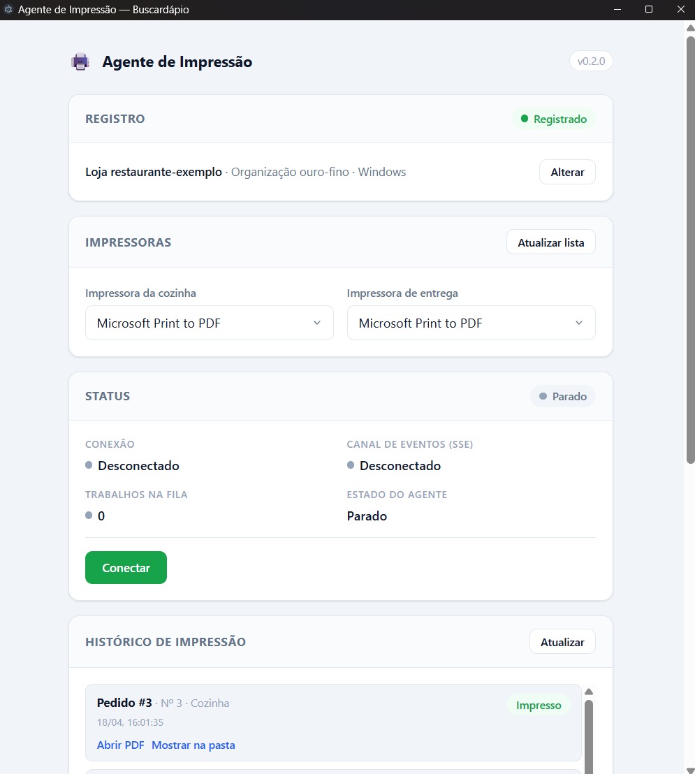 Agente de Impressão registrado, mostrando a loja, as impressoras, o botão Conectar e o histórico de impressão