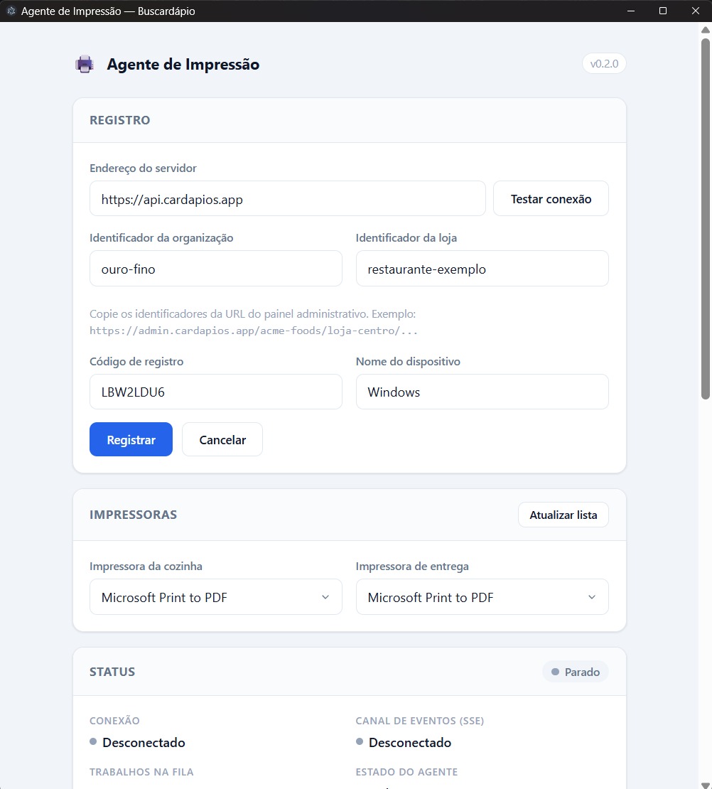 Tela de Registro do Agente de Impressão preenchida, com o servidor, a organização, a loja, o código de registro e o nome do dispositivo